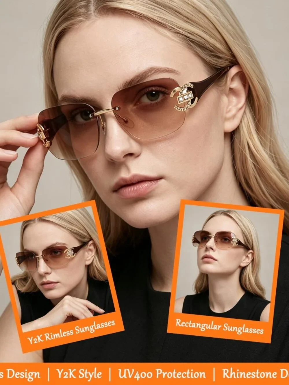 Elegant Rimless Rectangle Sunglasses for Women, Rhinestone Detail & UV400 Lens